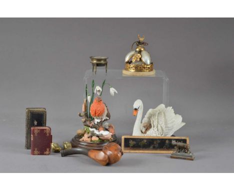 An assorted collection of works of art, comprising two Country artist figurines, one of a Robin, the other of a Swan, a Meers