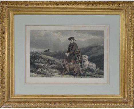 A coloured print, of a Highland ghillie with game dogs, framed, glazed and mounted, the gilt frame 70cm x 85cm