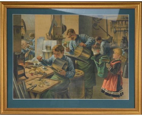 A framed chromo-lithograph of tin smiths working, unsigned, framed, glazed and mounted, frame size 79cm x 99cm