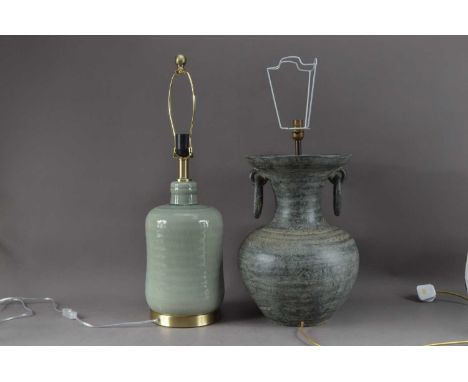 A modern large twin looped handled ceramic lamp, in the antiquity style, grey glaze, 51cm high, together with a modern green 