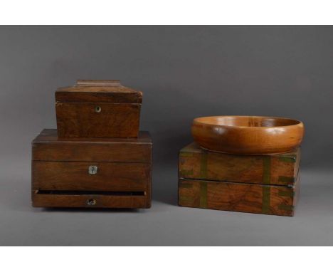 Three 19th century and later boxes, comprising a mahogany travel box, with inlaid mother of pearl, the interior with a fitted