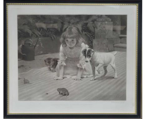 Frederick Stacpoole (British 1813-1907), a girl with a dog and cat, looking at a frog, an etching, signed lower right in the 