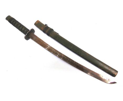 MILITARIA - A JAPANESE WAKIZASHI STYLE SWORD  with a 45cm blade, the cast metal alloy tsuba style cross-guard marked 'CHINA',