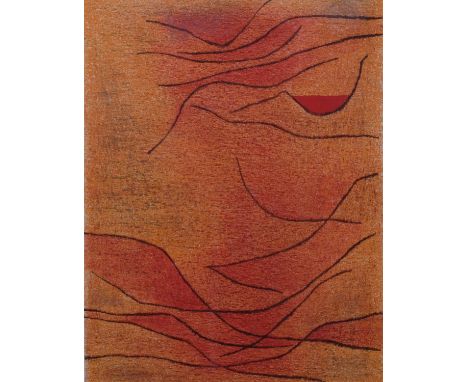 Gustave Singier, abstract orange and red, original lithograph, issued 1959, Galerie France, signed in pencil, image 30cm x 22