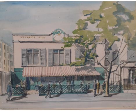 The Swan Pub Lancaster Gate, mid-20th century watercolour, indistinctly signed, dated '54, 23cm x 29cm, framedA few minor spo