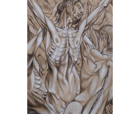 Francis R A Plummer (1939-2019), emaciated figures, egg tempera on board, signed and dated '54, 26cm x 20cm, framed Good cond