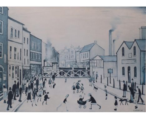 Laurence Stephen Lowry (1887 - 1976), lithograph, Level Crossing, signed in pencil, image 41cm x 57cm, framedSlight discolour