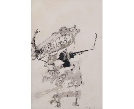 John Kingerlee (born 1936), abstract composition, ink on paper, signed and dated '69, 16cm x 10.5cm, framedSlight paper disco