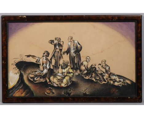 Figures on a hilltop, mixed media on paper, indistinctly signed, 26cm x 44cm, framedSeveral lines of discolouration and light