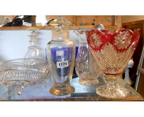 A quantity of glassware including ruby flash cut vase, decanters, etc. - various condition