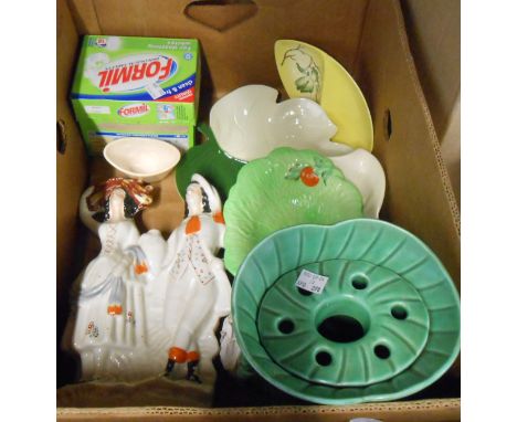 A box containing a quantity of ceramics including green SylvaC vase, Carlton Ware crinoline lady cruet set, collection of Car