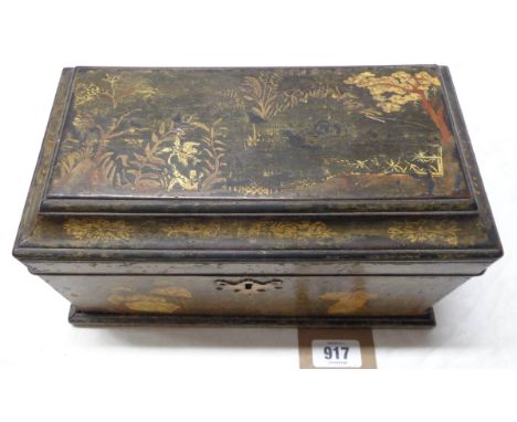 A late 18th/early 19th Century English tea caddy with lacquered chinoiserie decoration, depicting figures in a landscape, the