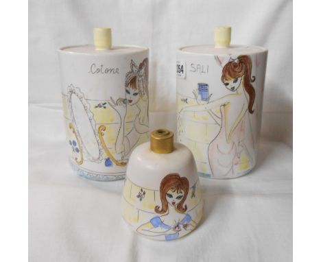 A pair of mid 20th Century Italian pottery dressing table jars with hand painted decoration, depicting a stylised young lady 