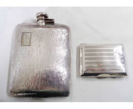 A vintage marked VAC 'sterling' large curved hip flask with bayonet flip-top and bark effect finish with initials to cartouch