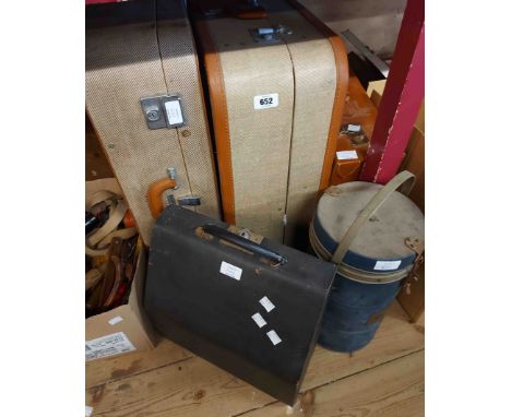 Three vintage suitcases - sold with an old manual typewriter, Thermos food tin, etc.