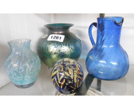 A Royal Brierley Art Glass vase with butterfly lustre decoration - sold with a glass jug, Caithness vase and a Mdina paperwei