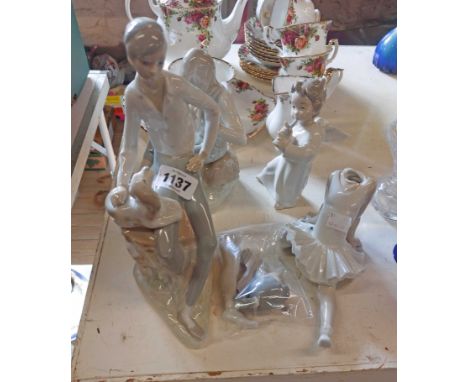 A Lladro porcelain figurine, depicting a child angel playing a trumpet - sold with three Nao figurines - various condition