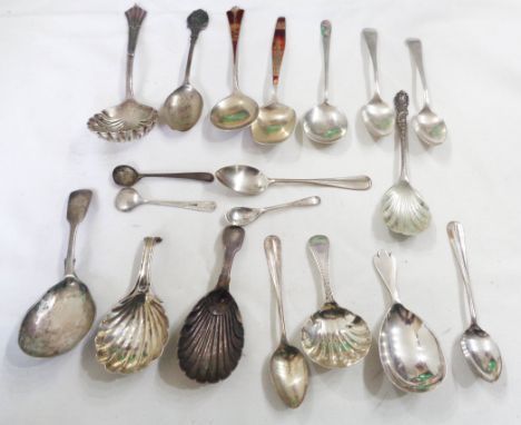 A bag containing antique and later silver caddy spoons, sifter spoon and other small silver and 'sterling' spoons