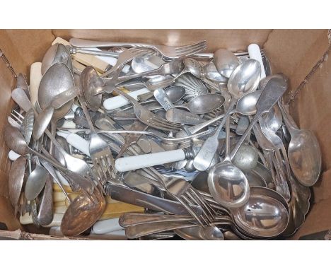 A box containing a quantity of silver plated items comprising EPNS and other cutlery and a teapot