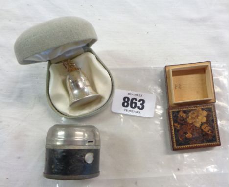 A bag containing a quantity of items including small silver screw-top box of bell form with gilt pixie finial, Tunbridge ware