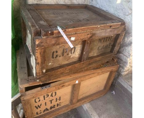A vintage wooden GPO box containing a quantity of tools and autojumble including Taurus Oil-Stat engine oil cooler, boxed Loc