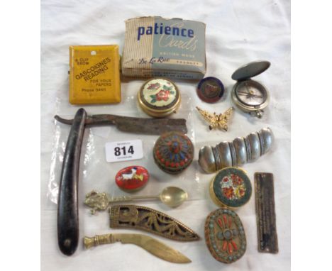 A bag containing a quantity of collectable items including a pocket compass, an enamel top trinket box, other boxes etc.