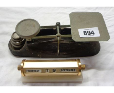 A set of postal scales - sold with vintage desk calendar set on alabaster base