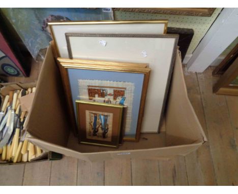 A pair of gilt framed reproduction papyrus paintings, two †W. Russell-Flint prints and a framed etching