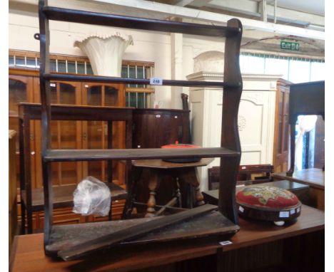 A 64cm late Victorian stained wood wall mounted four shelf open unit - sold with a Victorian circular footstool with beadwork