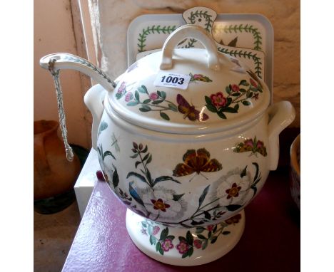 A large Portmeirion soup tureen and ladle, decorated in the 'Botanic Garden' pattern - sold with a similarly decorated choppi