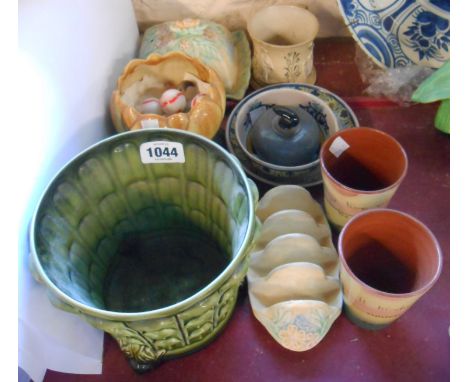 A quantity of ceramics including Torquay Pottery beakers, SylvaC green glazed jardinière, Italian maiolica cup and saucer, et