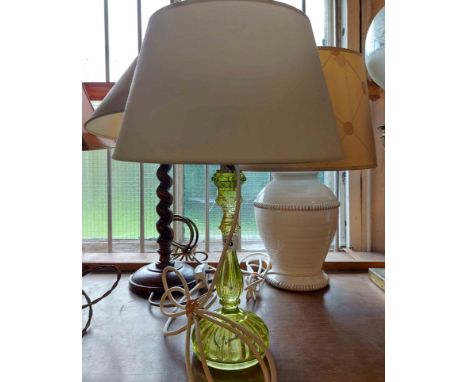 A wooden barley twist table lamp with shade - sold with a green moulded glass table lamp and a ceramic lamp