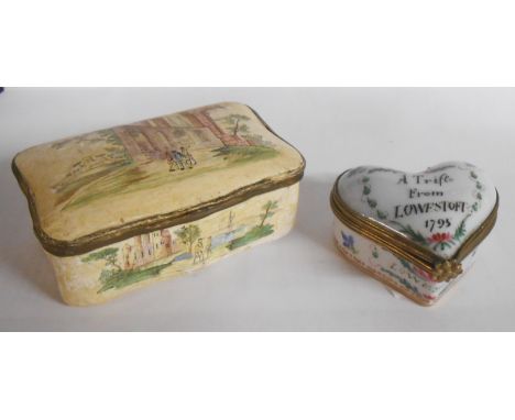 An antique enamel snuff box with hand painted scenic decoration (restoration) - sold with a French porcelain trinket box of h