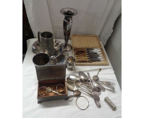 A crate containing a quantity of silver plated and other items including hip flask, Mayflower pewter cigarette box and compor