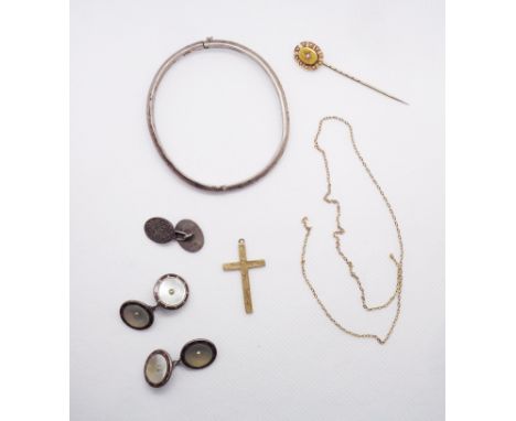 A marked 15ct. yellow metal and seed pearl set stick pin - sold with a 9ct. gold cross, marked 'sterling silver' cufflinks, b