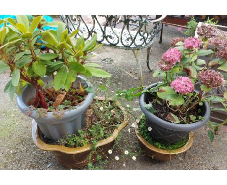 A shaped glazed ceramic planter, with wildlife decoration - sold with a smaller similar and a quantity of plastic garden pots