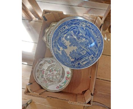 Two boxes containing a quantity of ceramics and glassware including 'Indian Tree' pattern dishes and plates, a Tuscan China p