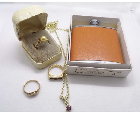 A 375 (9ct.) gold oval panel signet ring - size L - sold with costume jewellery items and a boxed Vantage chrome plated hip f