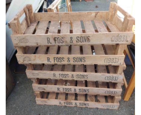 Five wooden apple crates, all marked for R. Foss &amp; Sons 1983
