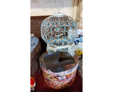 A small vintage wooden and wire bird cage - sold with a miniature coal scuttle