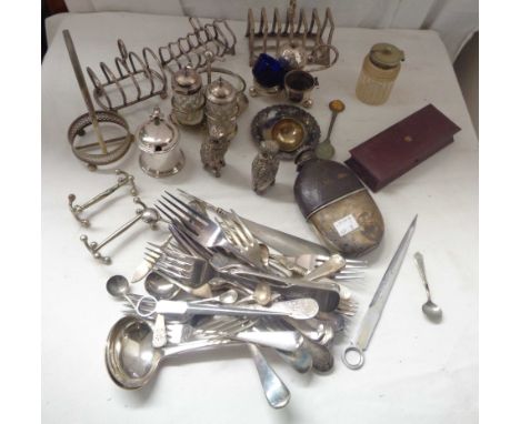 A box containing a quantity of small silver plated items including hip flask, toast racks, condiments, cutlery, etc.