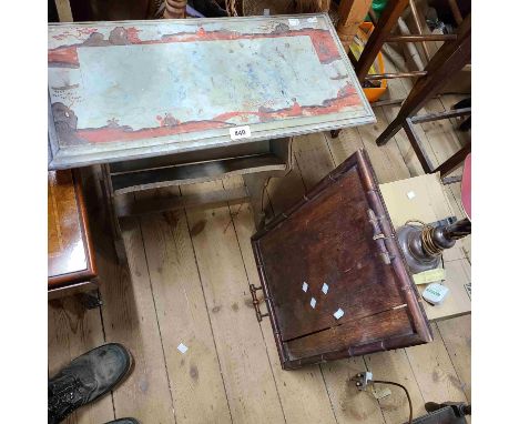 A 60cm vintage painted wood side table with magazine trough under and chinoiserie island landscape decoration, set on shaped 