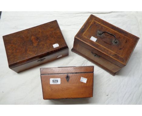 A satin birch and ebony strung tea caddy of sarcophagus form the interior with two lidded compartments - sold with an early 1