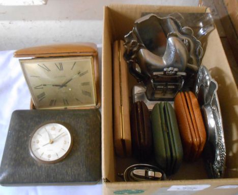 A box containing various vintage travelling timepieces and alarm clocks, watch set trinket box, etc.