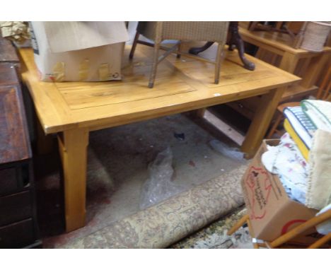 A 1.84m modern golden oak dining table with thick top, set on heavy chamfered square legs by Pippy Oak