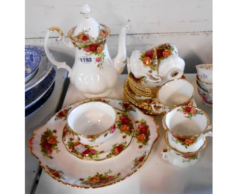 A Royal Albert bone china part coffee set decorated in the 'Old Country Roses' pattern comprising coffee pot, six trios, suga