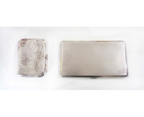 Two silver cigarette cases comprising a curved example with engraved and initial decoration and a larger with engine turned f