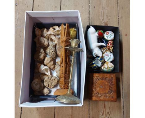 A box containing a quantity of collectable items including fossils, a brass candlestick, small quantity of trinket boxes, etc