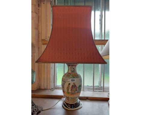 A Chinese hand decorated pottery lamp base, depicting court scenes - sold with pink shade