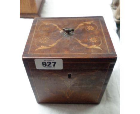 A late 18th/early 19th Century mahogany and strung tea caddy with inlaid floral and swag decoration, brass handle, the interi